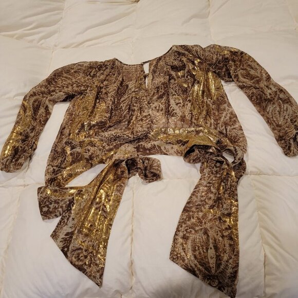 BCBG Maxazria Metallic Paisley Sheer Wrap Blouse Sz S - Picture 12 of 15